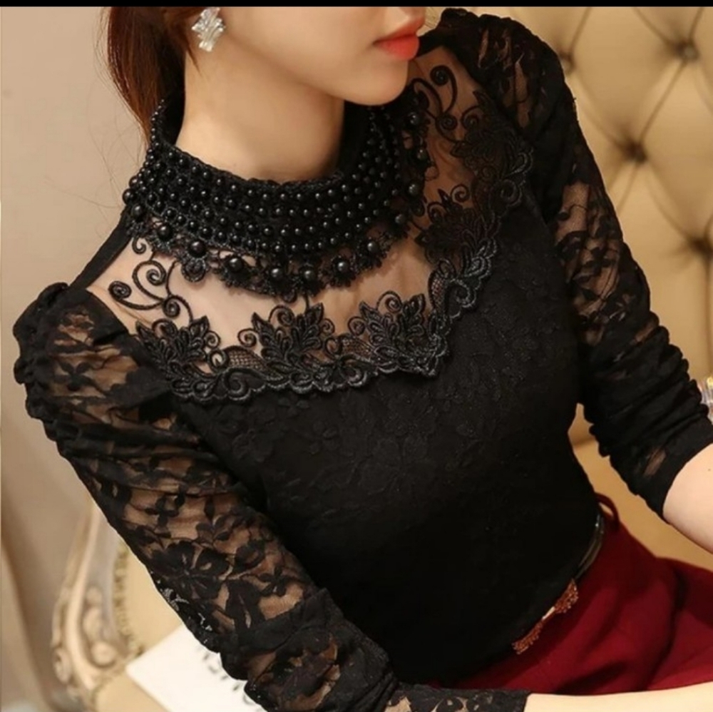 Beaded High Collar Lace Top